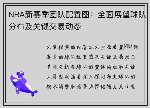 NBA新赛季团队配置图：全面展望球队分布及关键交易动态